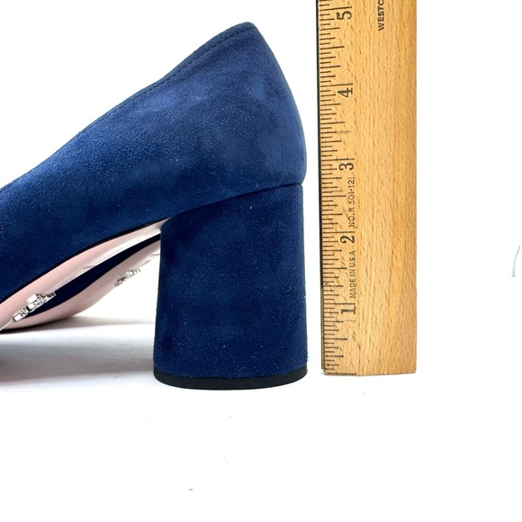 PRADA blue suede block heels, silver tone floral accents, made in Italy, size 39 - Picture 11 of 13